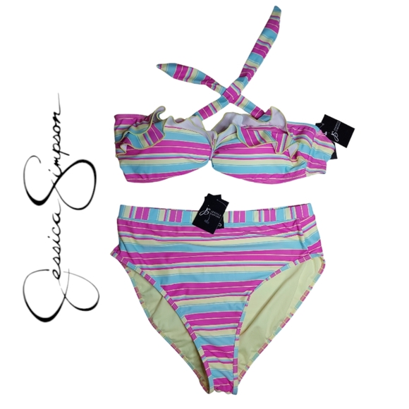 NWT Jessica Simpson Striped Ruffle Bikini Set - Picture 1 of 8